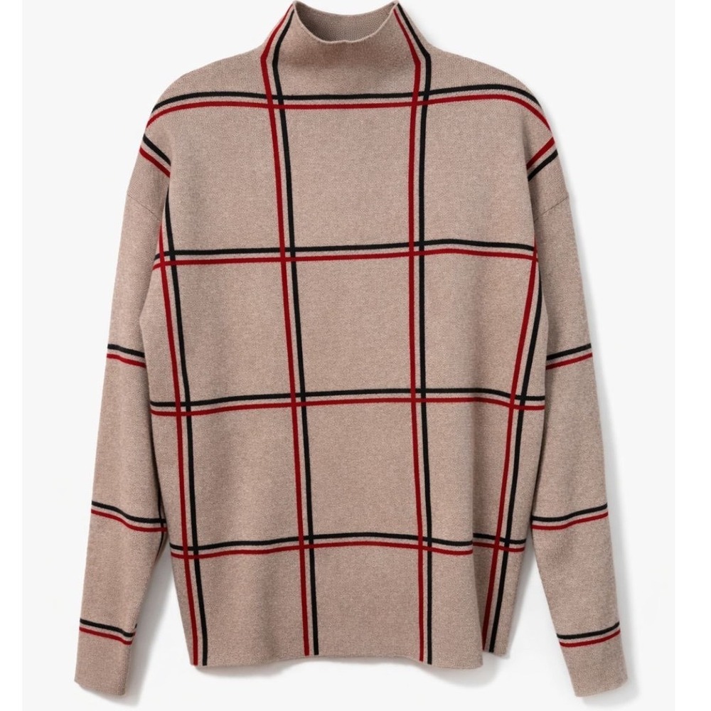 Tahari Womens Medium Beige Red Black Windowpane Plaid Mock Neck Sweater